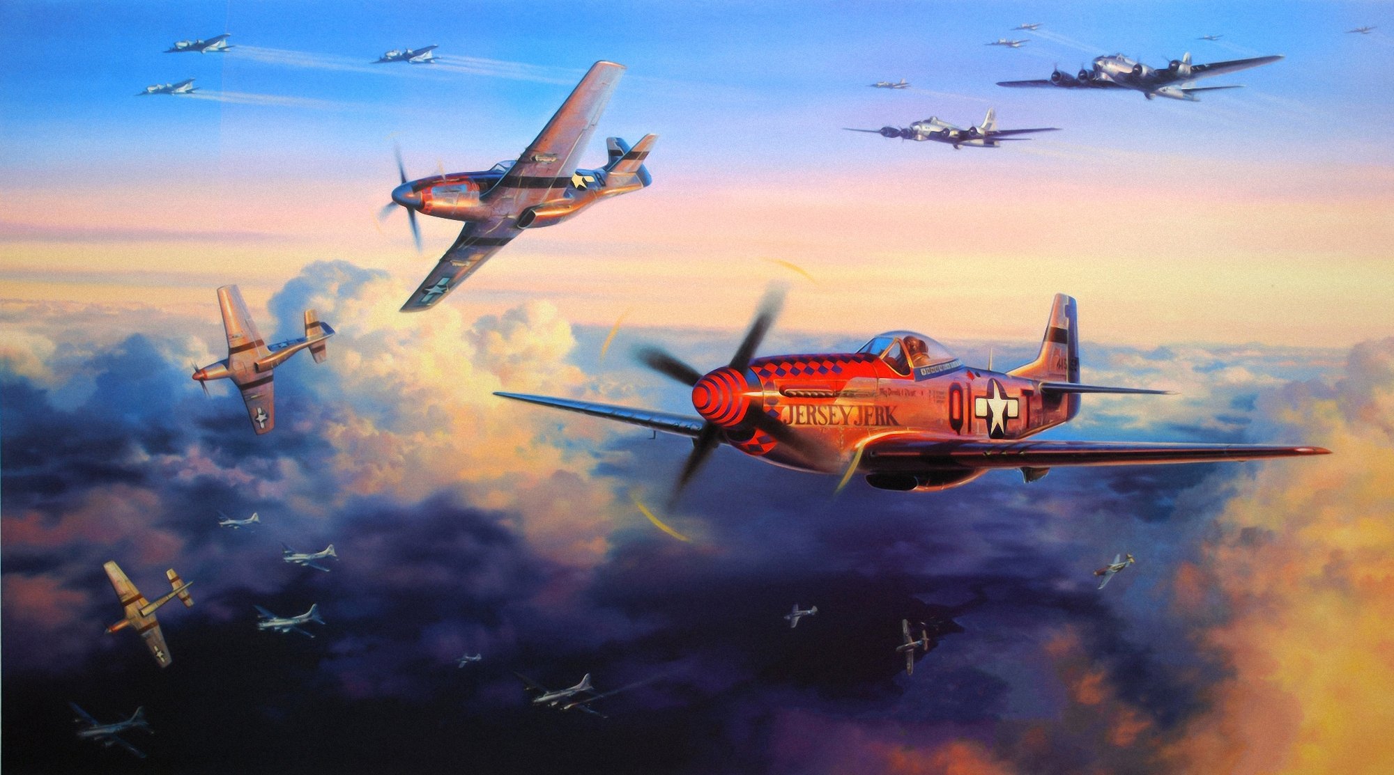 bombardeo b-17 p-51d ww2 combate cuerpo a cuerpo guerra arte pintura avión aviones