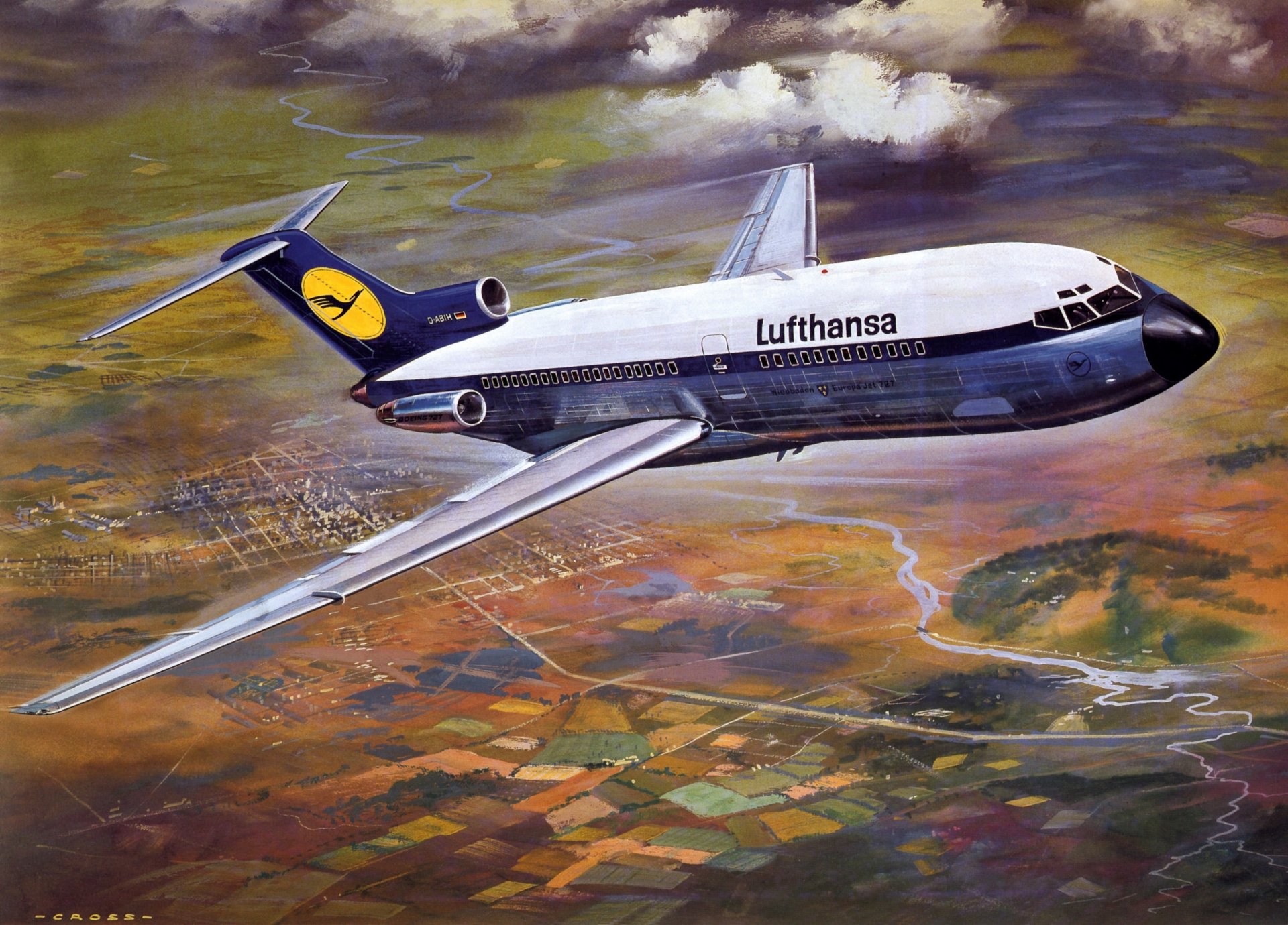 boeing b-727 passeggero aereo velocità città terra lufthansa.lufthansa arte disegno