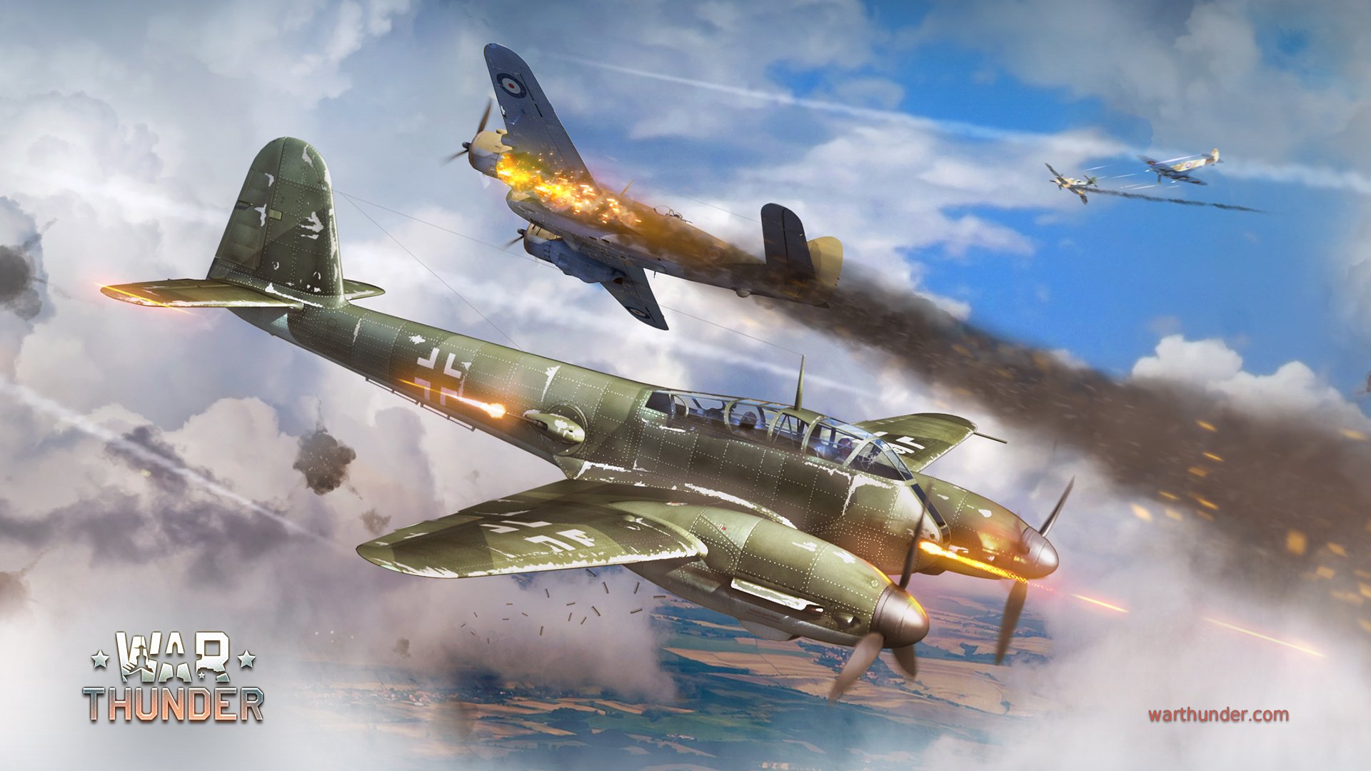 art war sky messerschmitt me.410 hornisse szerszeń niemiecki dwusilnikowy ciężki myśliwiec bombowiec bristol beaufighter brytyjski torpedowiec płomień chmury war thunder supermarine spitfire spitfire bf.109 strzelanie dym