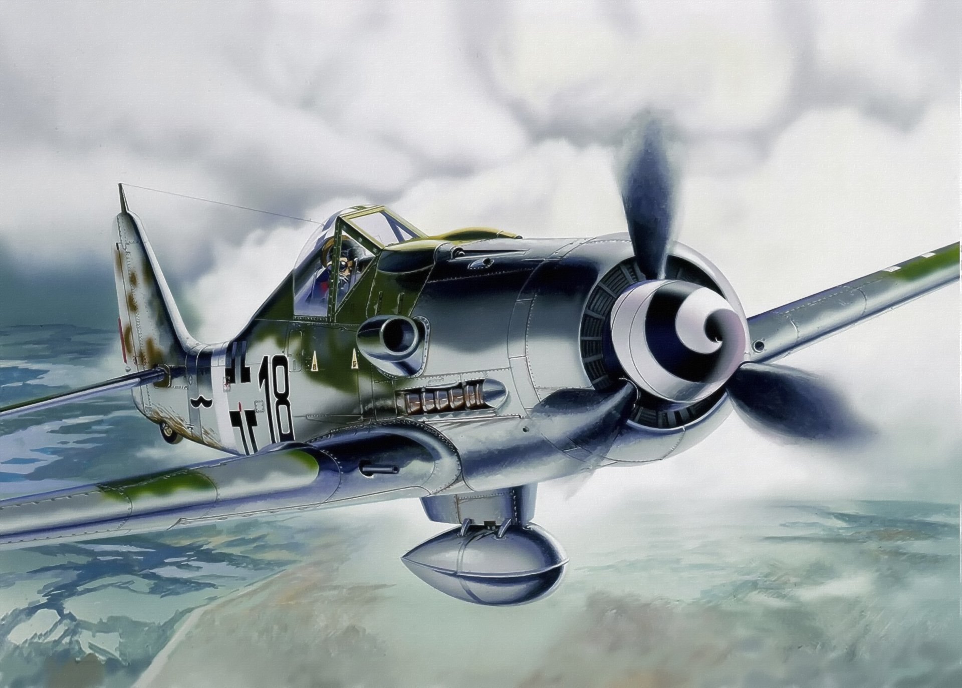 fw 190 d-9 ww2 guerra arte painting.aviation avión alemán cazador de bombarderos