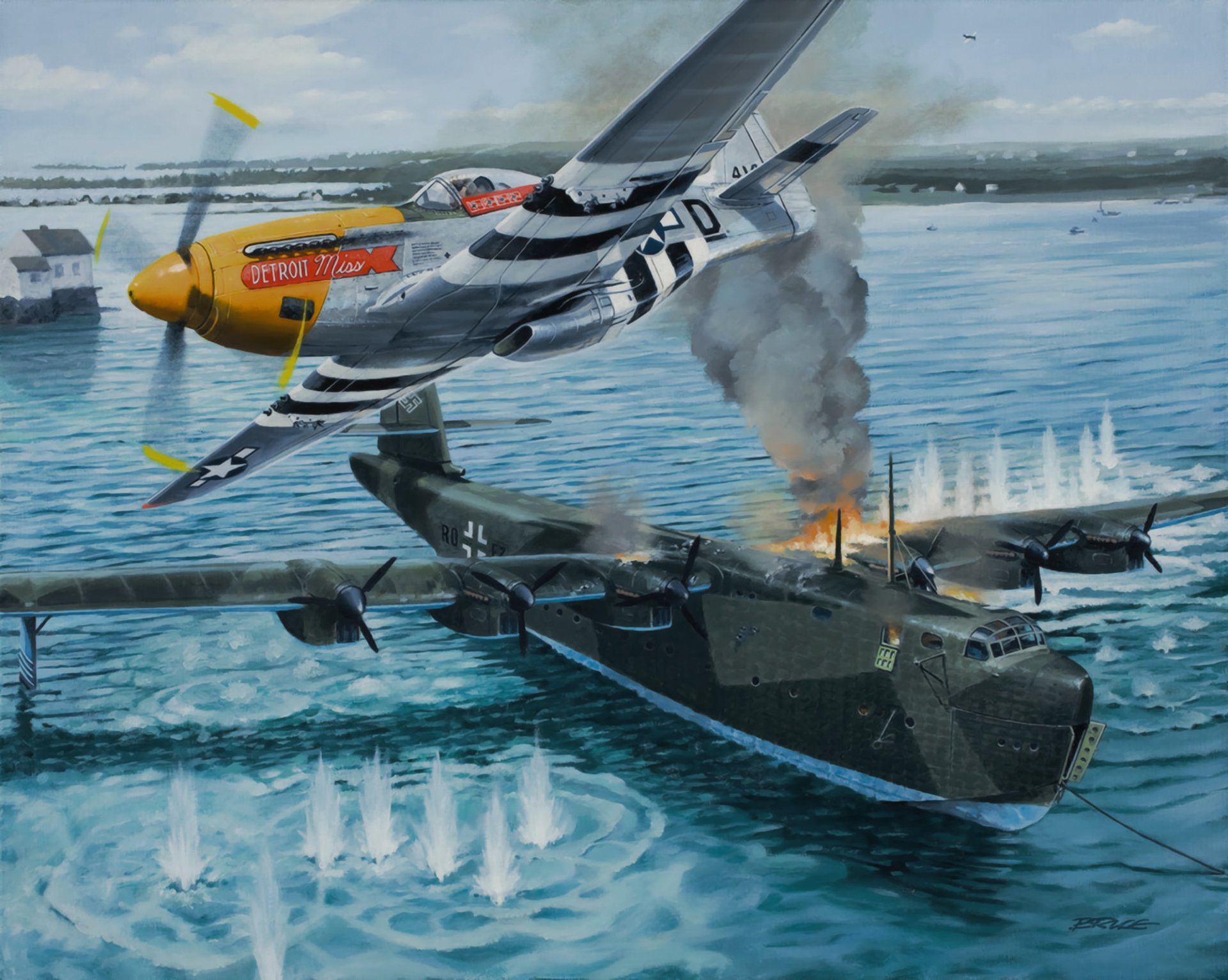 p 51 d mustang ww2 war art painting attack voss bv 222 wiking