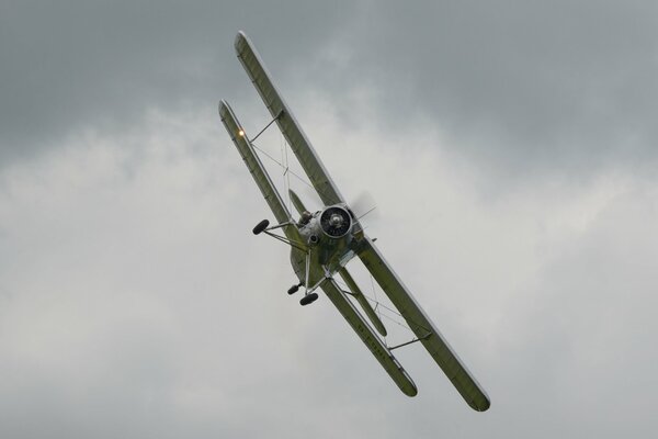 AN-2 multi-purpose aircraft flies in the gray sky