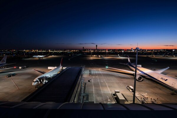 Passagierflugzeuge am Flughafen vor dem Hintergrund der nächtlichen Stadt