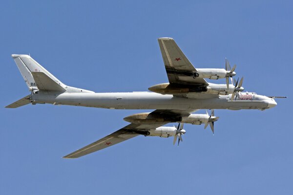 A Soviet turboprop bomber missile carrier is flying in the air