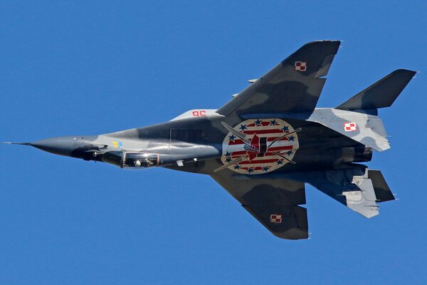 The MIG-29 multi-purpose fighter is flying in the sky
