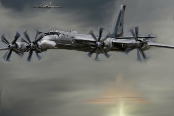 Tu-95 flies against the background of a gray sunset