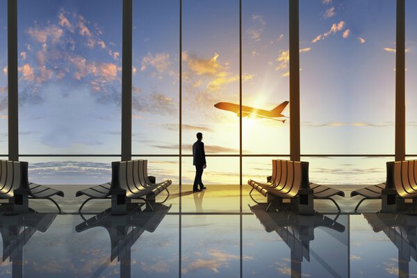 Flying plane through airport glass