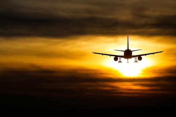 Aereo passeggeriтt, tramonto, decollo, carrello di atterraggio, turbina