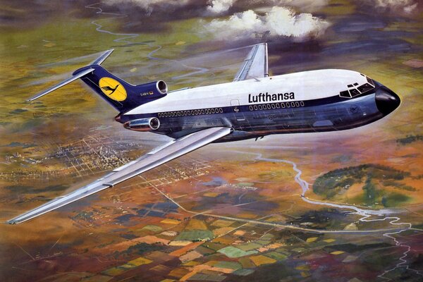Boeing Lufthansa vola sopra i campi di disegno