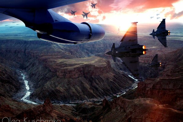Wojskowe myśliwce latające kanionem