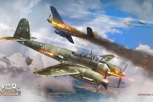 Идет бой в небе среди немецких и советских самолетов