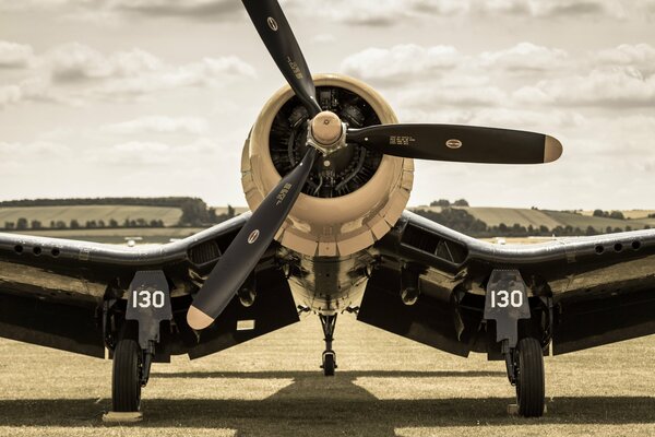 The Corsair fighter is on the runway