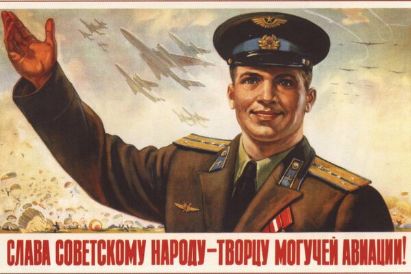 Poster sovietico con il pilota dell aereo