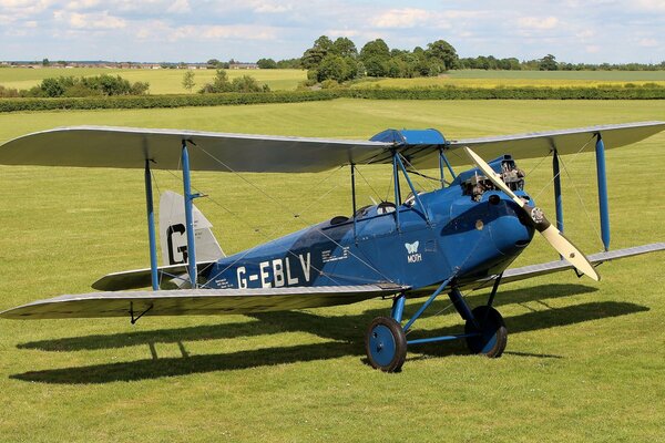 Blue two-seater airplane on the lawn