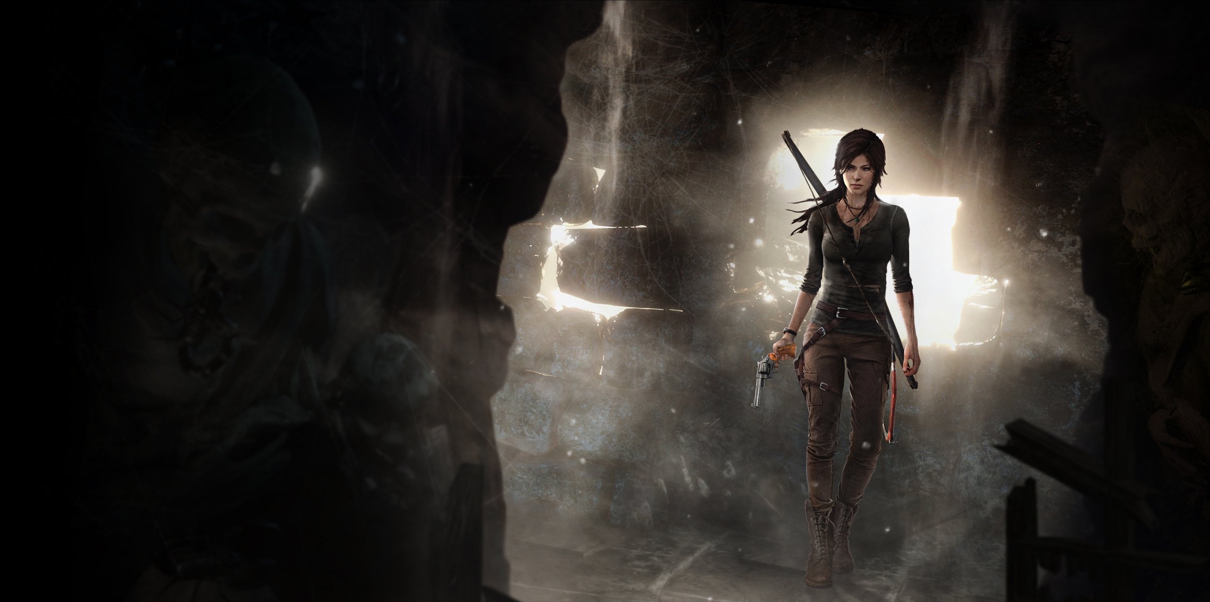 lara croft tomb raider grotta ragazza arco revolver scheletro cranio