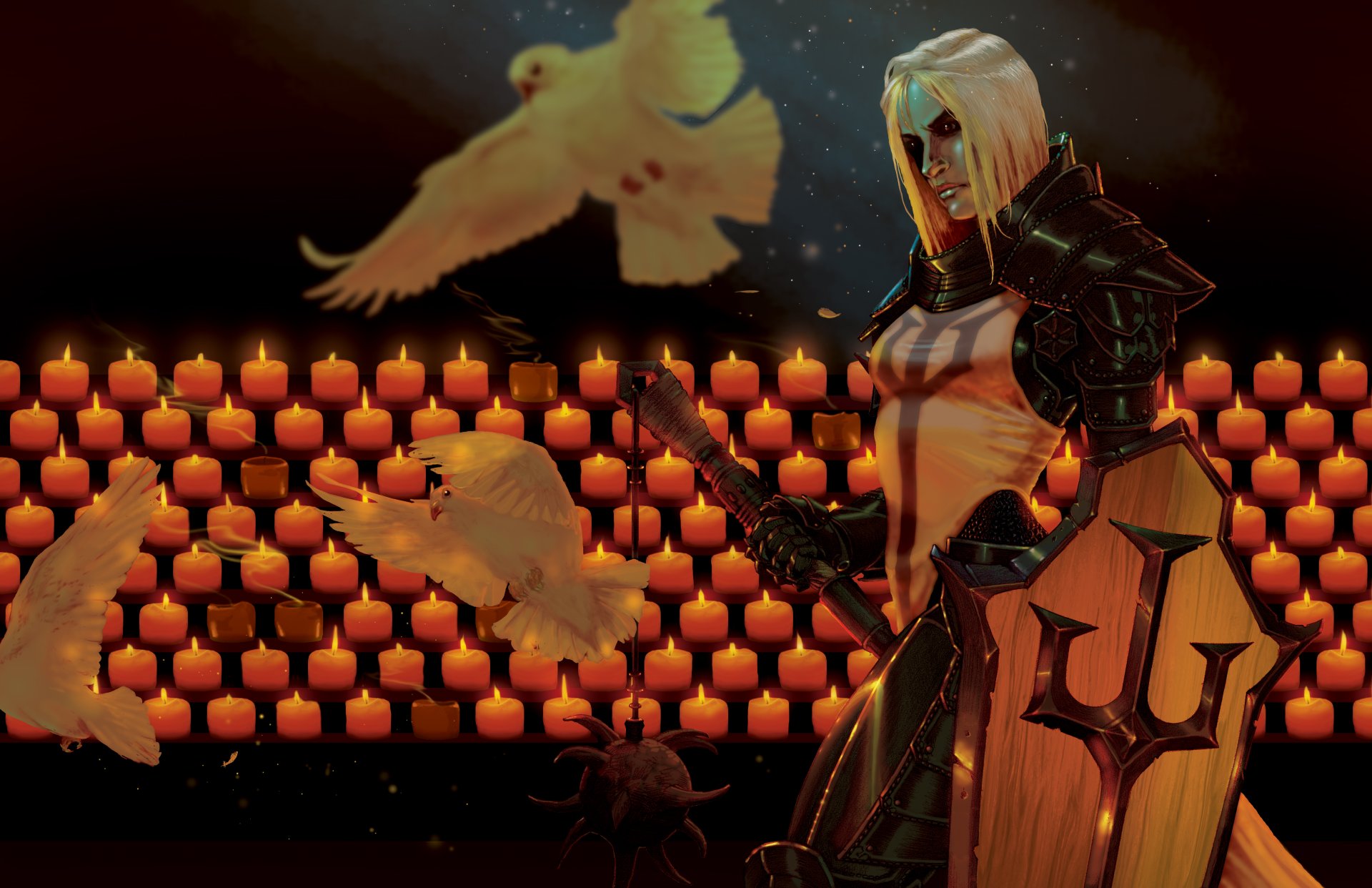 diablo iii: segador de almas escudo chica arte cruzado paloma pájaros velas diablo 3