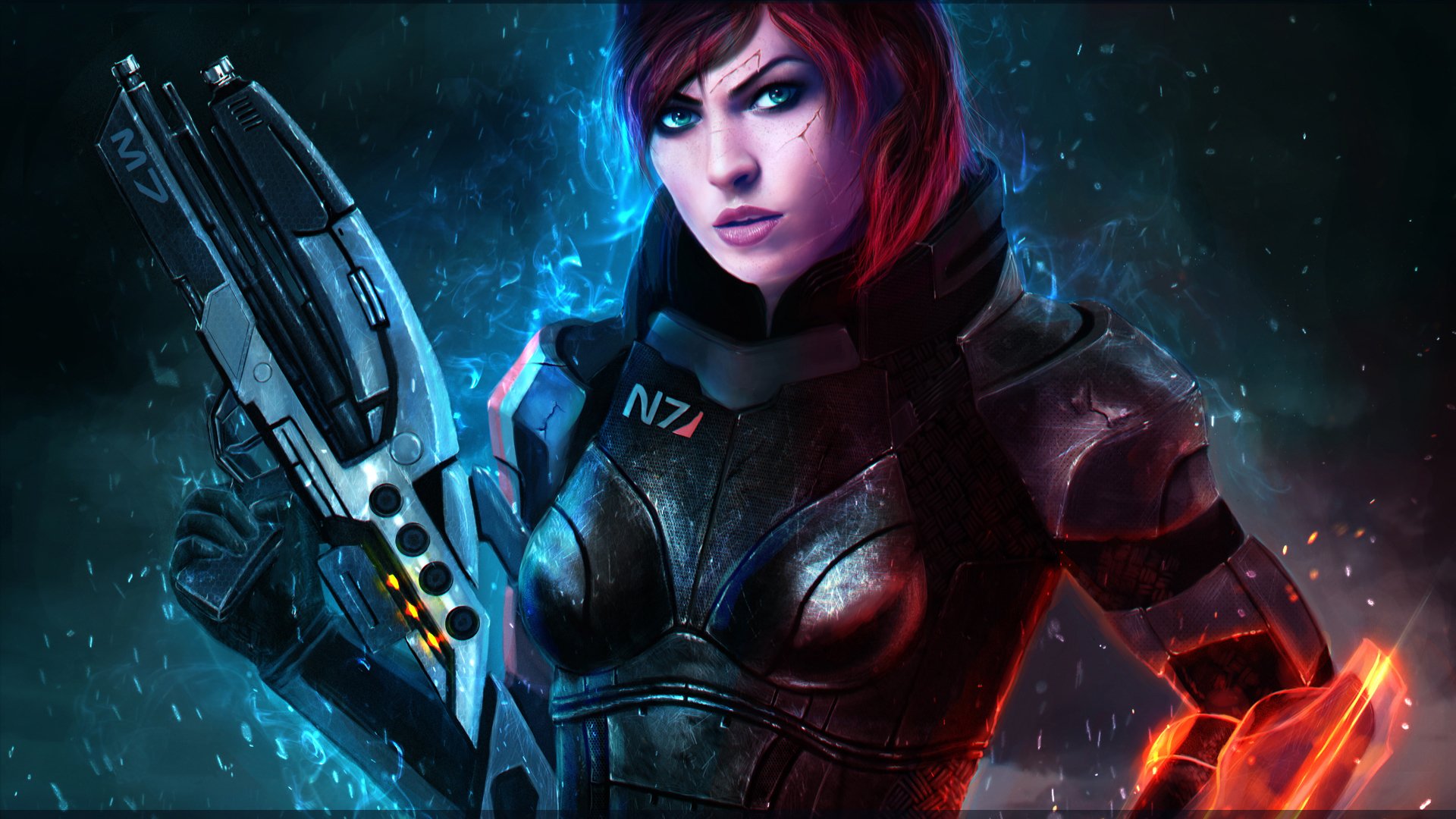 hepard mass effect girl red bioware commander renegade assault rifles m7 n7