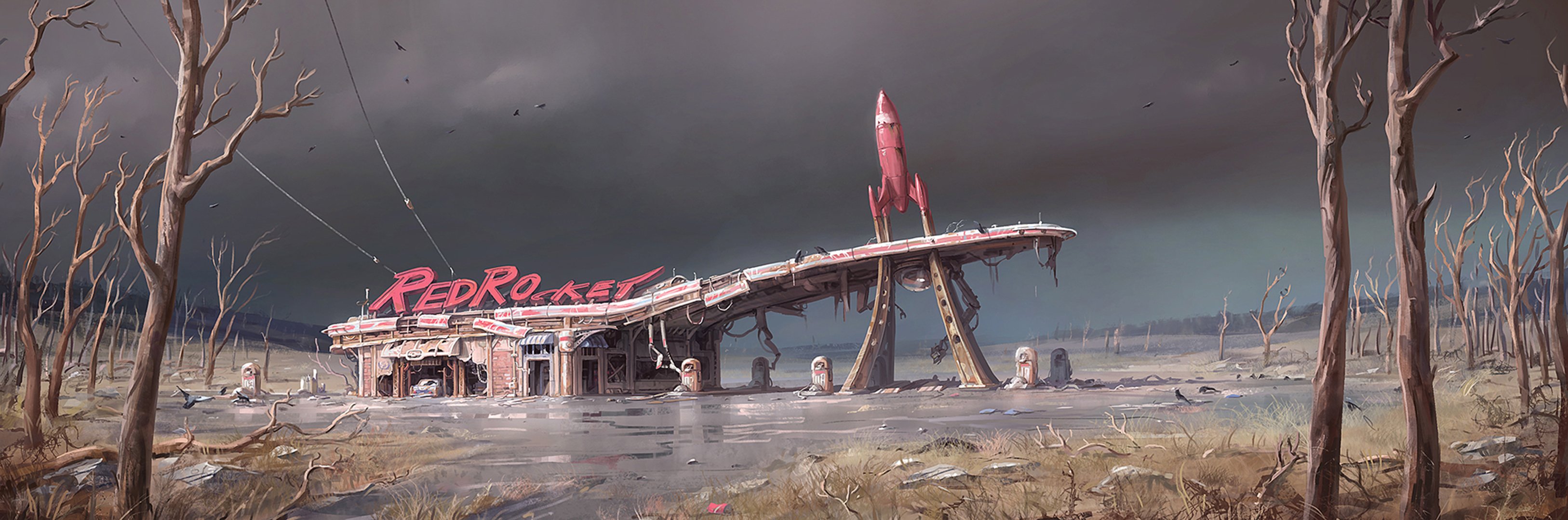 bethesda fallout 4 stacja benzynowa sztuka postapokalipsa postapokalipsa pustkowie grafika koncepcyjna drzewa