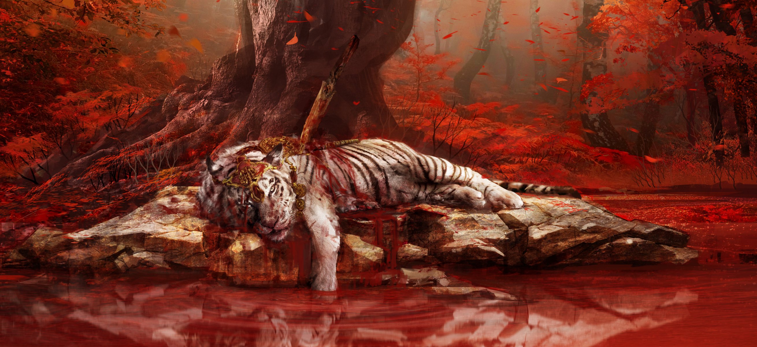 far cry 4 ubisoft tigre tigre bianca acqua rocce giungla alberi ferite sangue laghi riflessione pugnale vista kirat