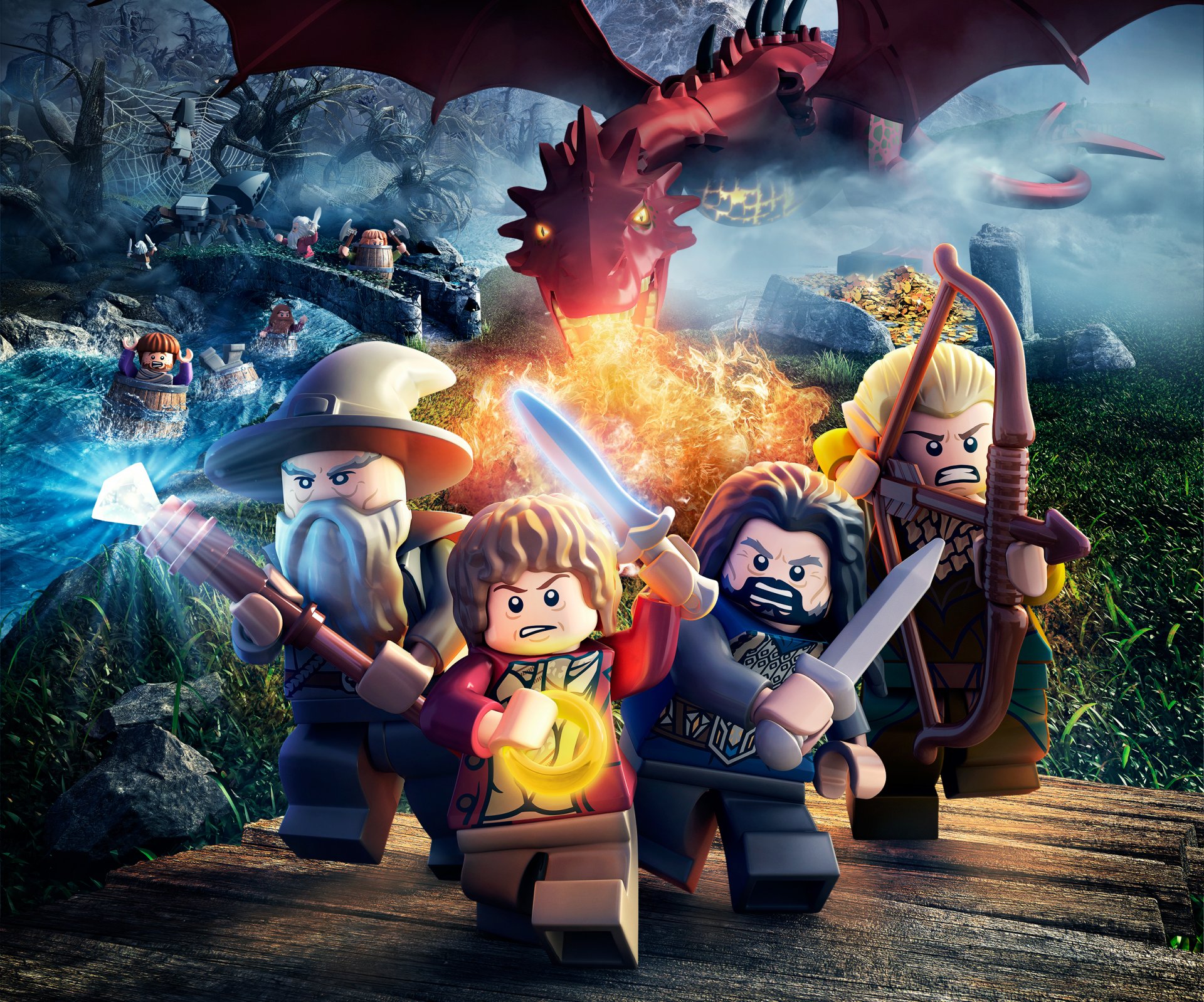 lego : hobbit lego toys bilbo baggins bilbo hobbit gandalf gandalf wizard staff swords fog dragon fire bow arrow bridge water web spider trees gold grass tt games warner bros. interactive entertainment