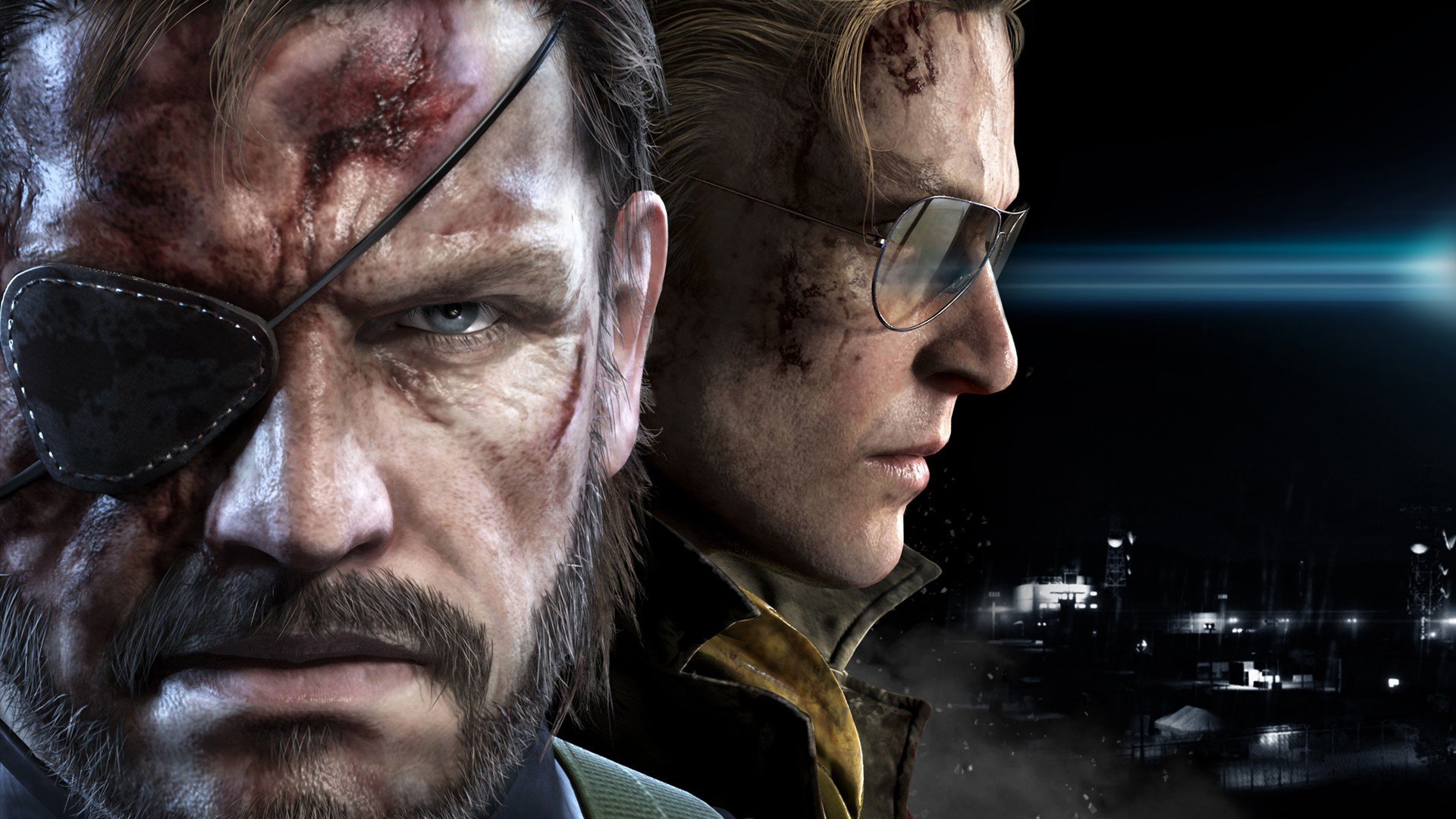 metal gear solid v: земельные нули джек гнездо биг босс нейкед снейк голая змея солдат повязка взгляд борода кровь очки напарник друг луч база kojima productions konami