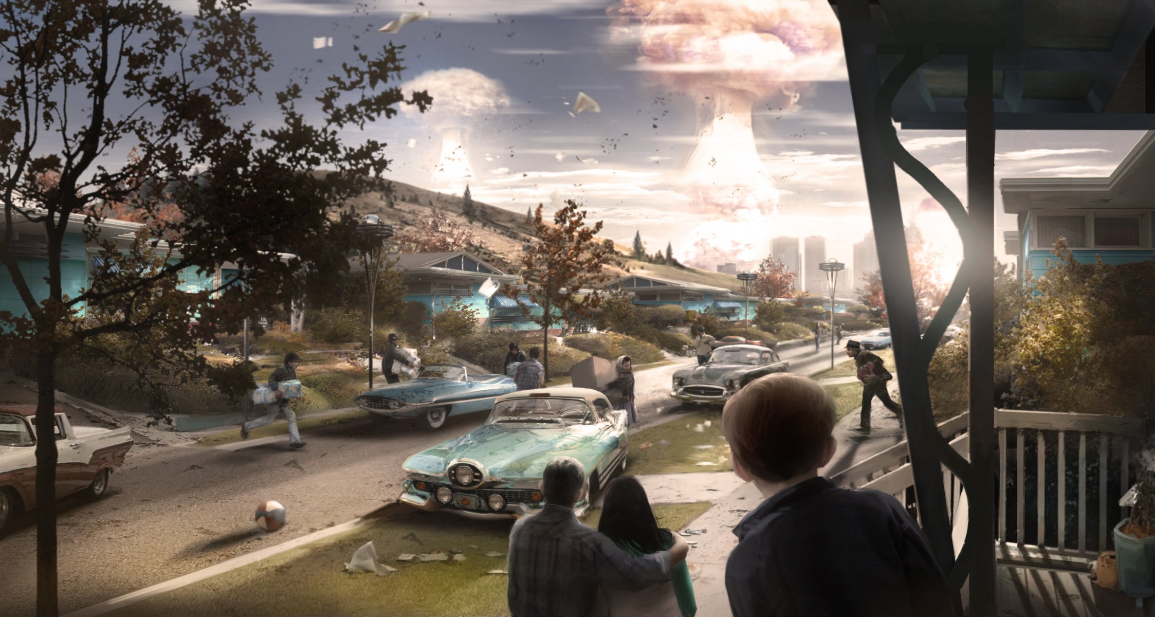 esplosione atomica esplosione città strada case macchine persone panico fallout 4 concetto fallout concept art bethesda softworks bethesda