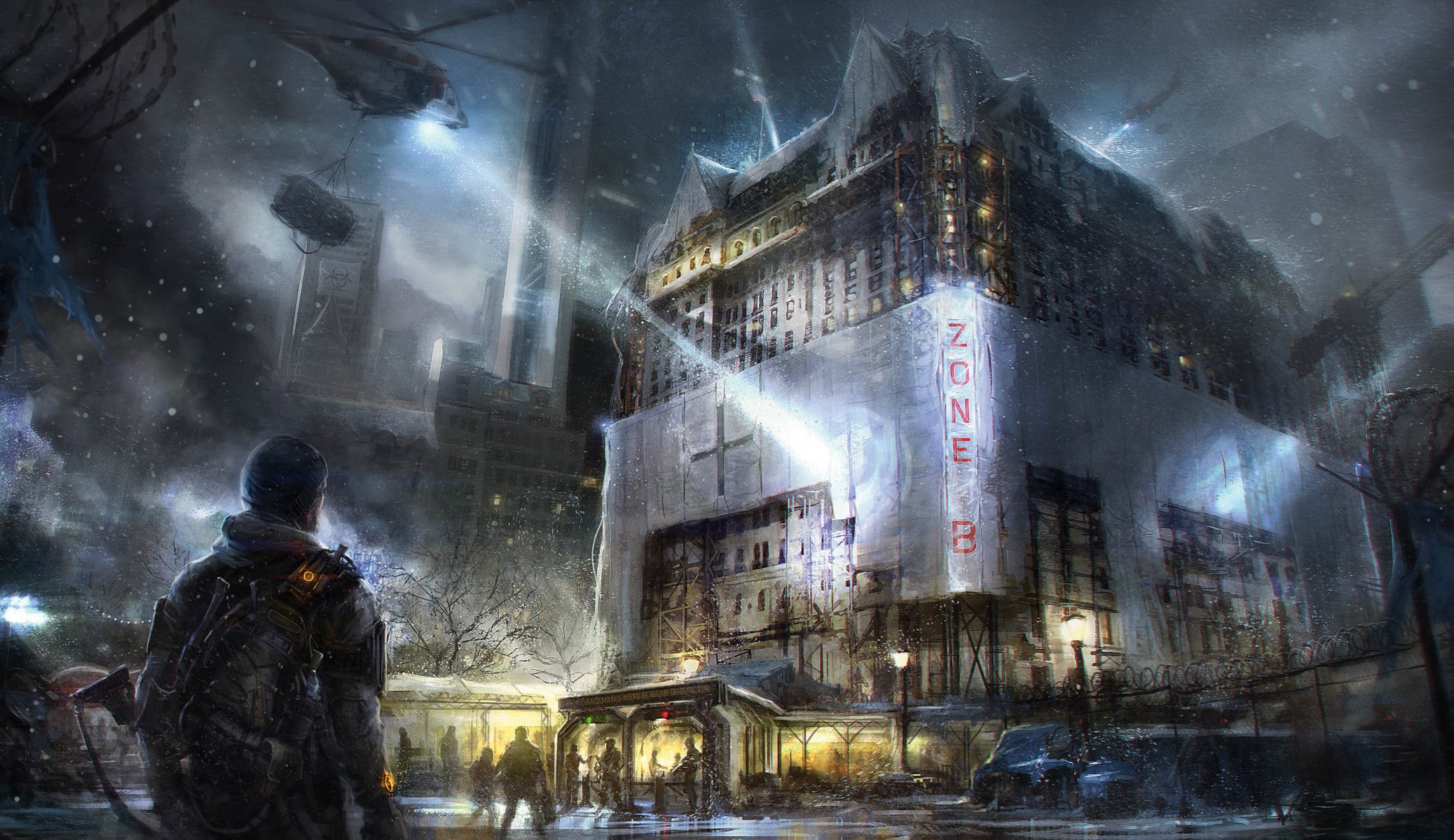 tom clancy s the division ubisoft entertainment art the situation town machinery buildings sky window fence post weapon clouds survivors snow people light