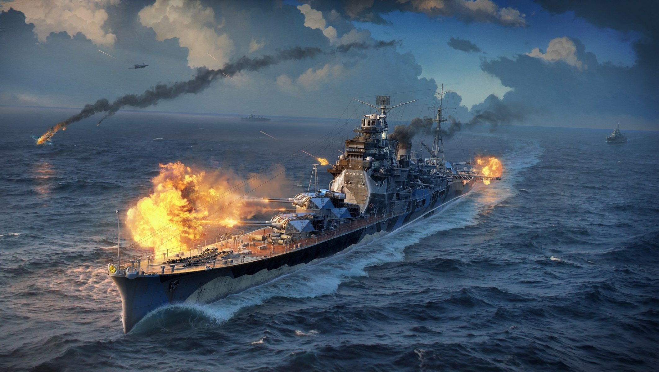 world warships wargaming net strikes world ships rg cruiser atago heavy cruiser atago ship waves water sea shot smoke light sky clouds planes volley flame fire