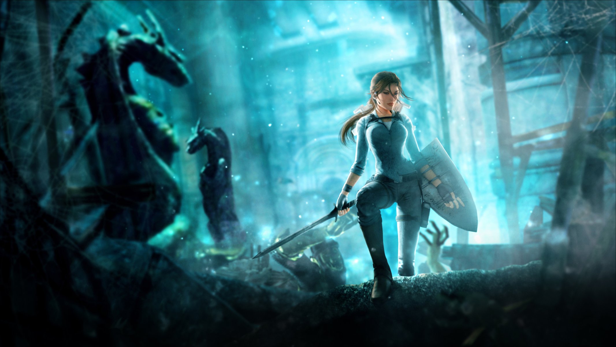 tomb raider underworld tomb raider: underworld девушка щит меч взгляд красавица волосы