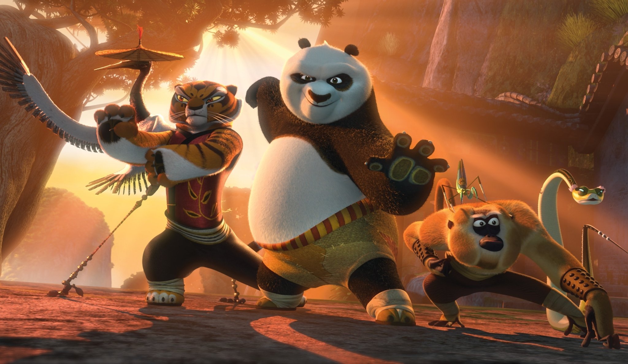 kung fu panda 2 po frénétique cinq grue tigresse singe mante religieuse serpent coucher de soleil