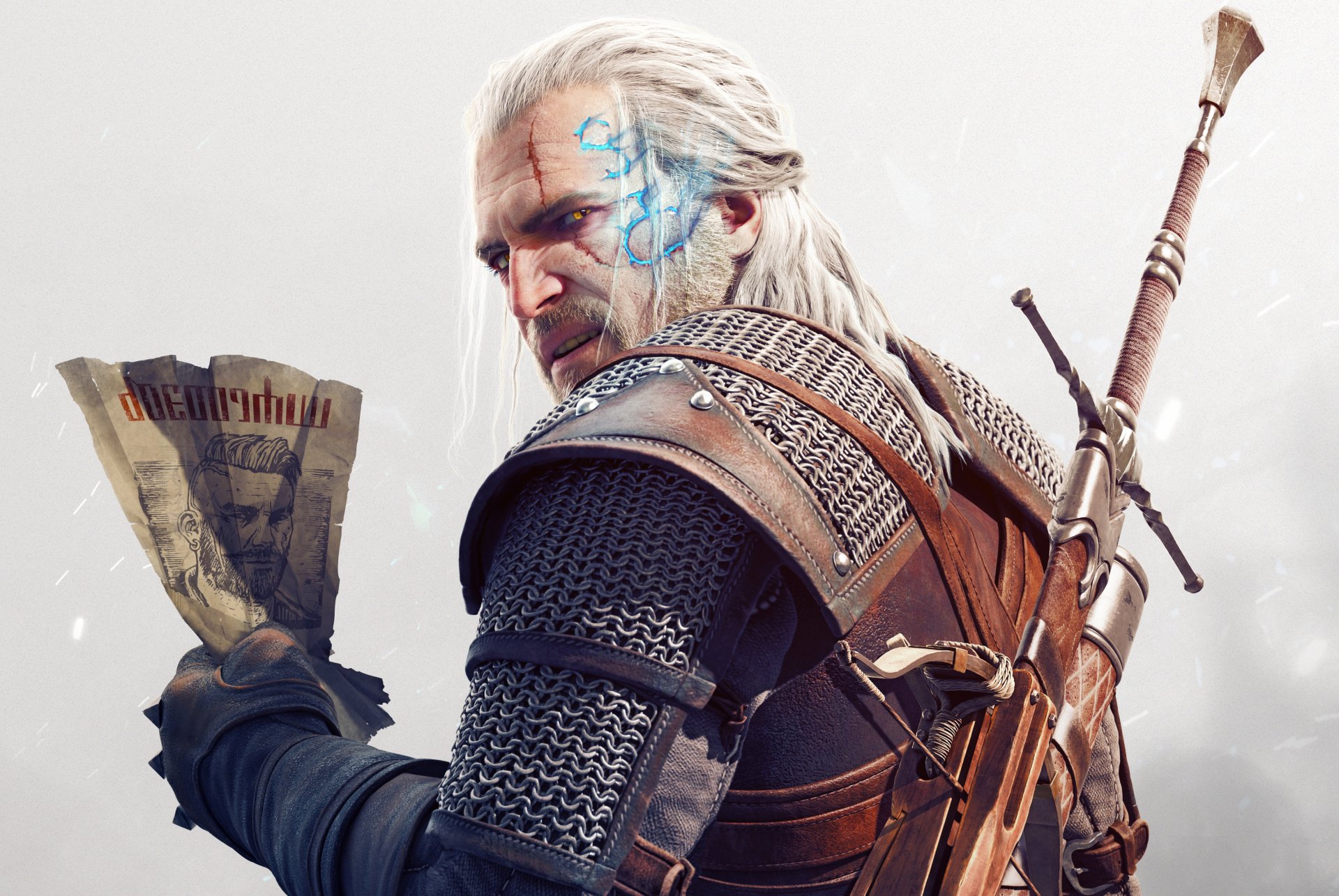 witcher 3: chasse sauvage coeur de pierre dlc geralt épée barbe regard cicatrice magie papier arbalète armure cd projekt rouge