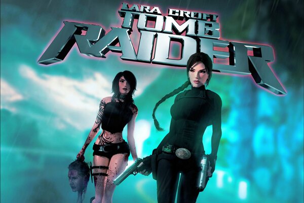 Tomb raider Lara Croft et sosie avec un pistolet