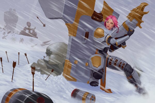 Robot girl with pink hair from League of Legends in the snow