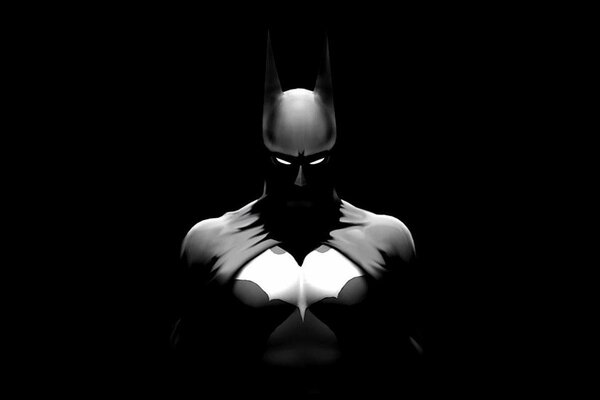 Batman on a dark background looks at the viewer