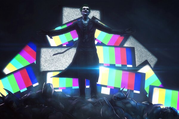 Joker-Kunst im Hintergrund von Fernsehern, die auf Batman-Masken stehen
