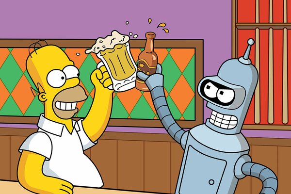 Simpson boit de la bière dans un bar avec un robot