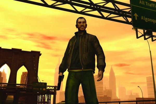 Der Protagonist des Spiels GTA4 Nobody Bellich auf dem Hintergrund der Stadt Liberty City