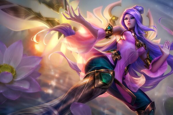 Personaje femenino del juego League of Legends en el fondo de un estanque con flores