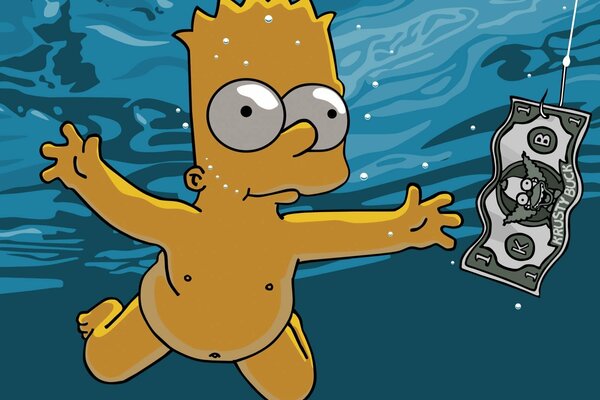 Cartoon Simpsons sott acqua con un dollaro