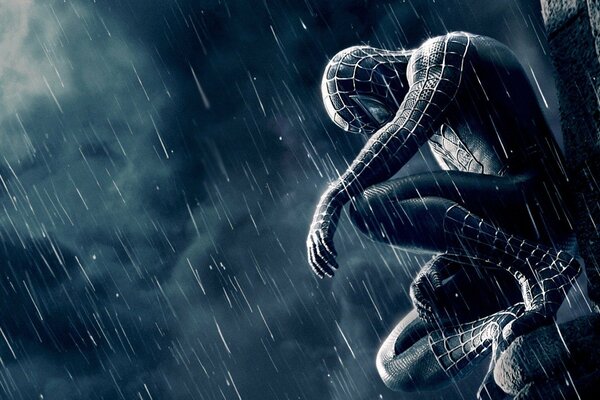 Spider-Man is sitting on the roof of a building in the rain