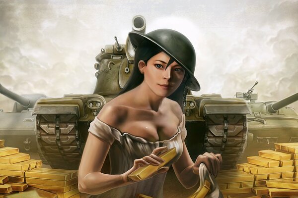 Die Welt der Panzer. abbildung eines Mädchens in einem Helm auf dem Hintergrund eines Tanks und Goldbarren