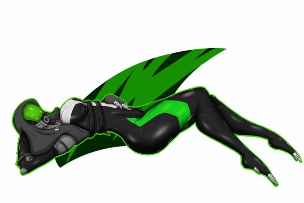 Кварианка в зеленом костюме и шлеме из mass effect