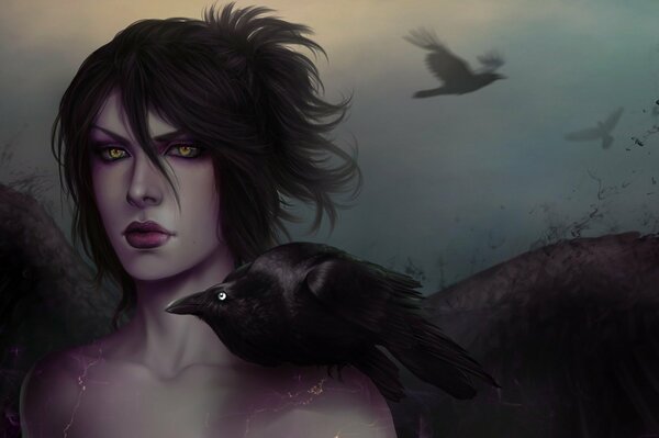 Art portrait of a girl with yellow eyes and dark hair with a raven on her shoulder on a gloomy background