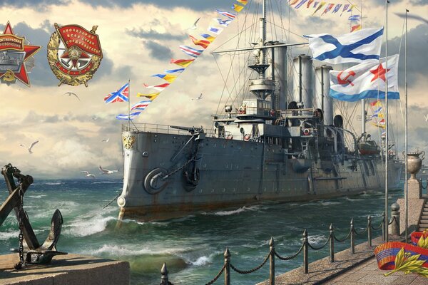 Arte con un buque de guerra en el muelle y gaviotas en el fondo