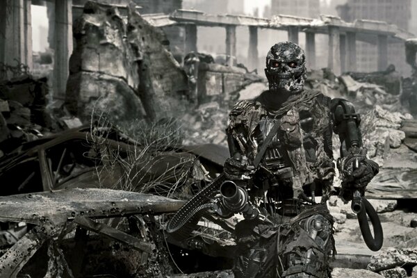 Terminator with a machine gun on the ruins