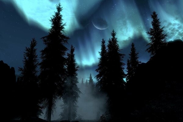 Skyrim. night. the aurora borealis. magic