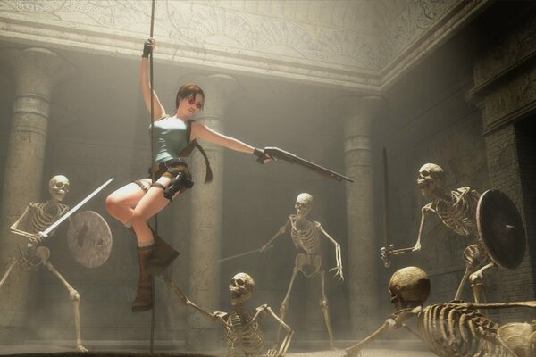 Lara Croft mit einer Schrotflinte gegen Skelette