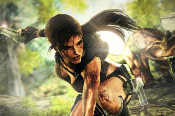 Lara croft entkommt einem dinosaurier