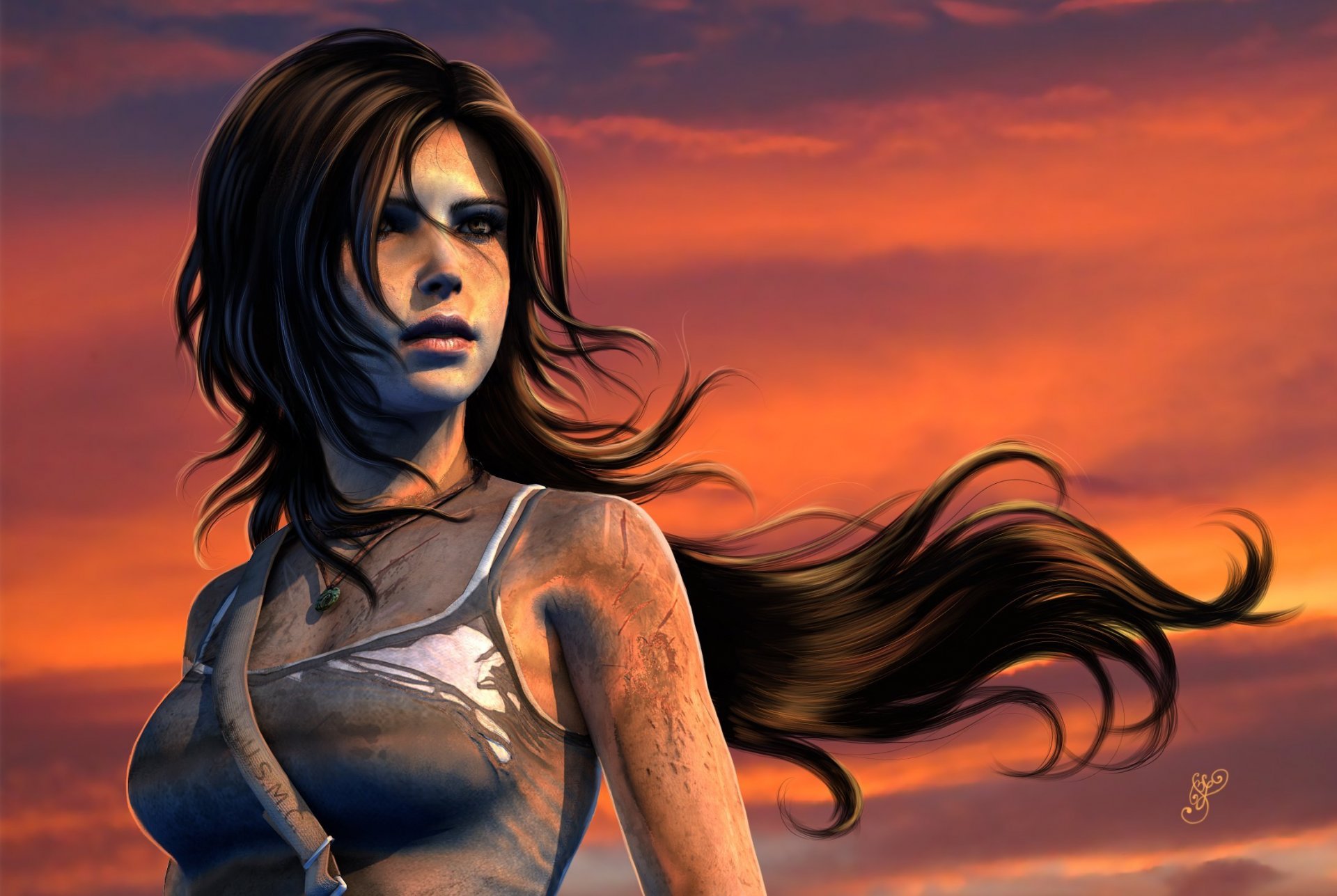 game art lara croft tomb raider face dirt view hair jersey sky sunset