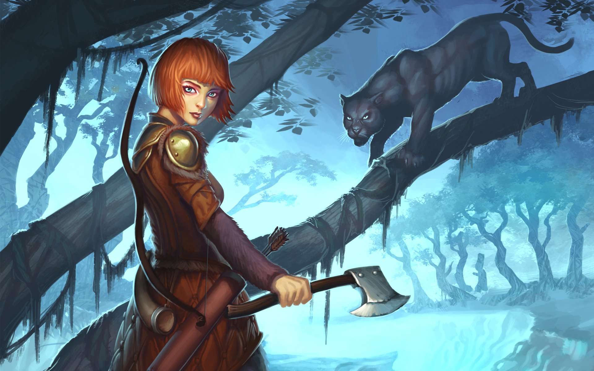 art guild wars 2 ranger girl weapon panther tree cat